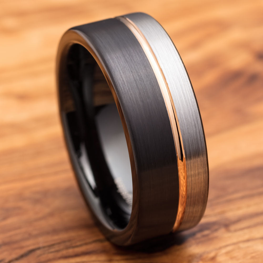 EDDINGTON - Black and Rose Gold Brushed Tungsten Ring