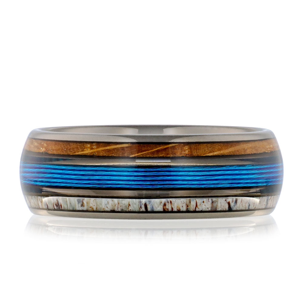 SARANAC - Gunmetal Tungsten Ring with Fishing Line, Whiskey Barrell Wood and Antler