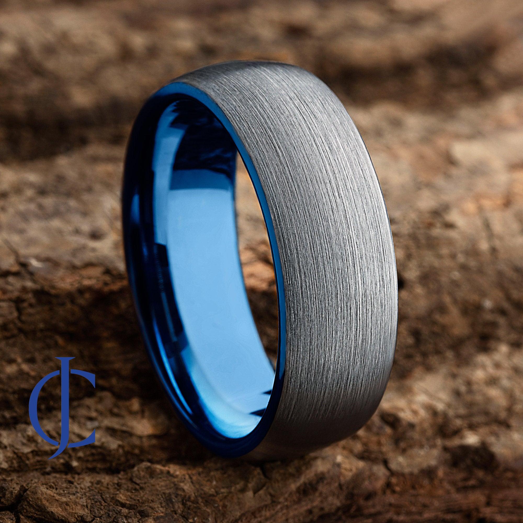 AEGIS BLUE Blue and Silver Brushed Tungsten Ring