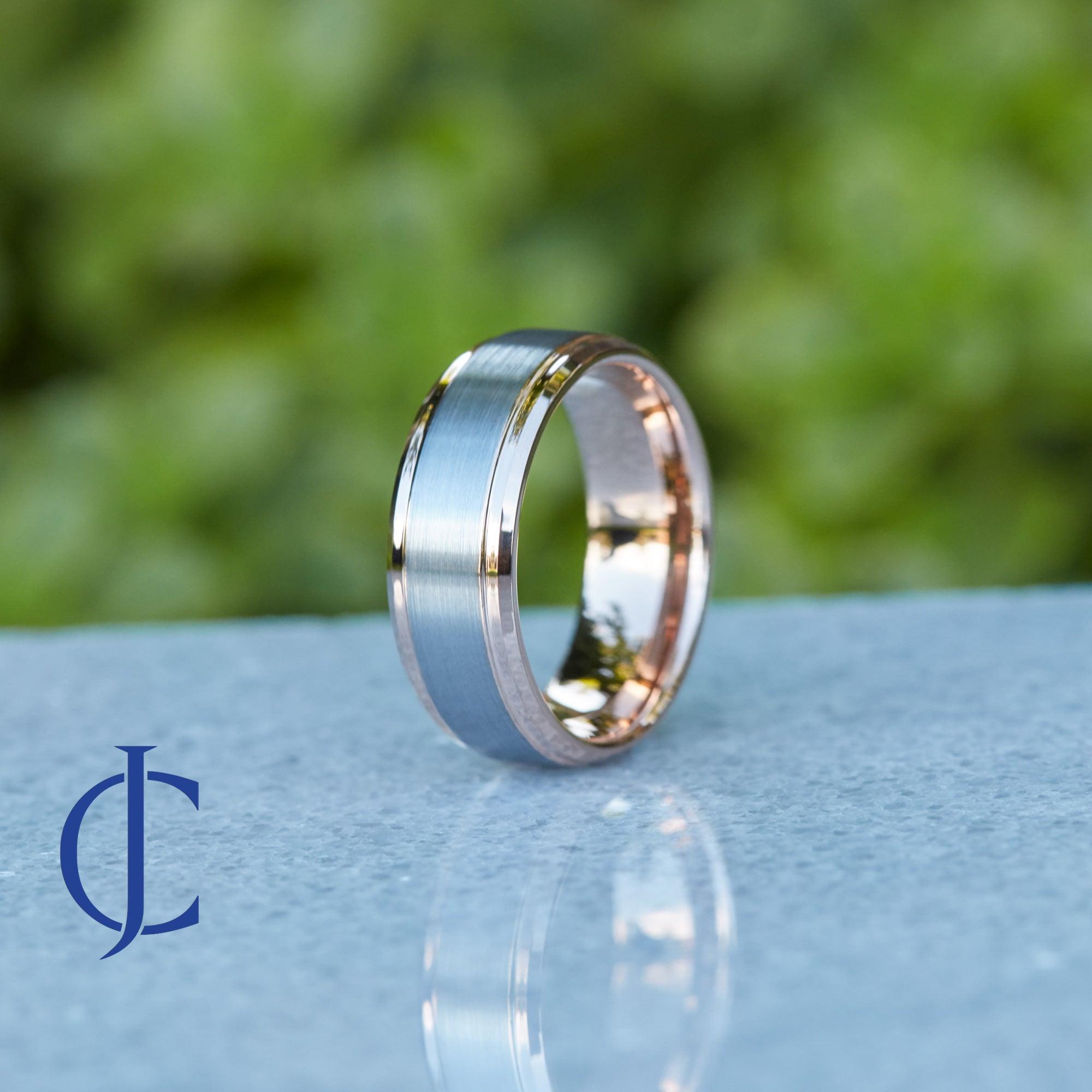 EATON Rose Gold plated Tungsten Ring with a Brushed Finish Top