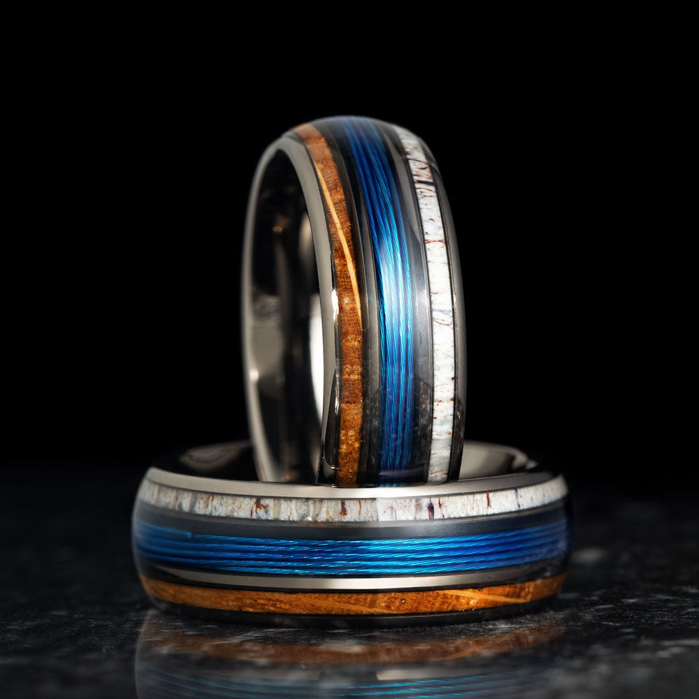 SARANAC - Gunmetal Tungsten Ring with Fishing Line, Whiskey Barrell Wood  and Antler