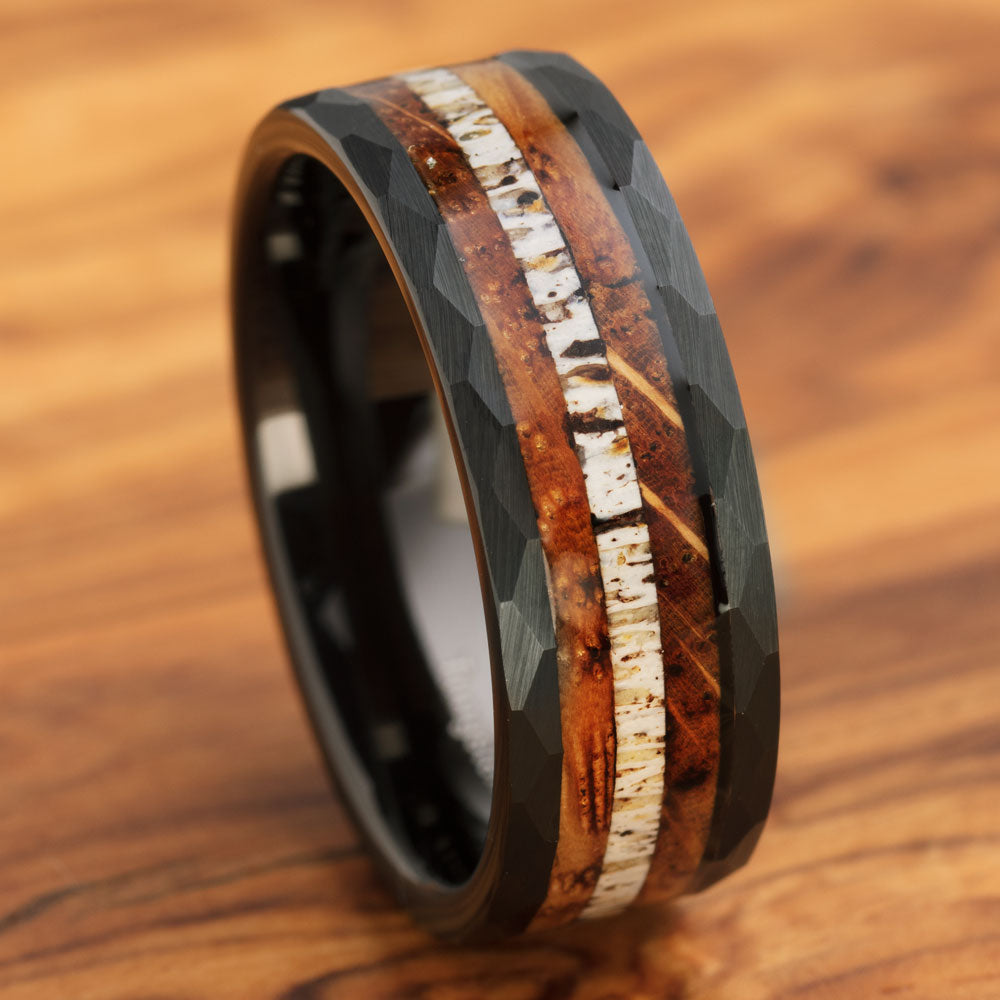 NAPOLI - Black Tungsten ring with Antler and Whiskey Barrel Wood Inlay
