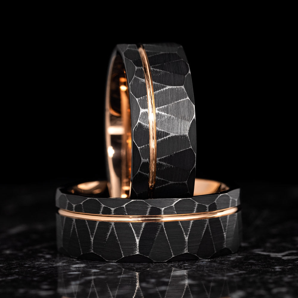 SALERNO ROSE - Black and Rose Gold Hammered Tungsten Ring