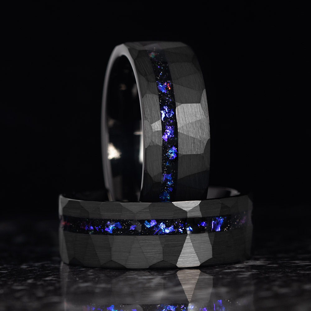 AZULEJO - Black Hammered Tungsten Ring with Trifid Nebula Inlay