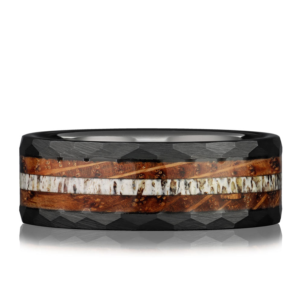 NAPOLI - Black Hammered Tungsten Ring with Deer Antler and Whiskey Barrel Wood