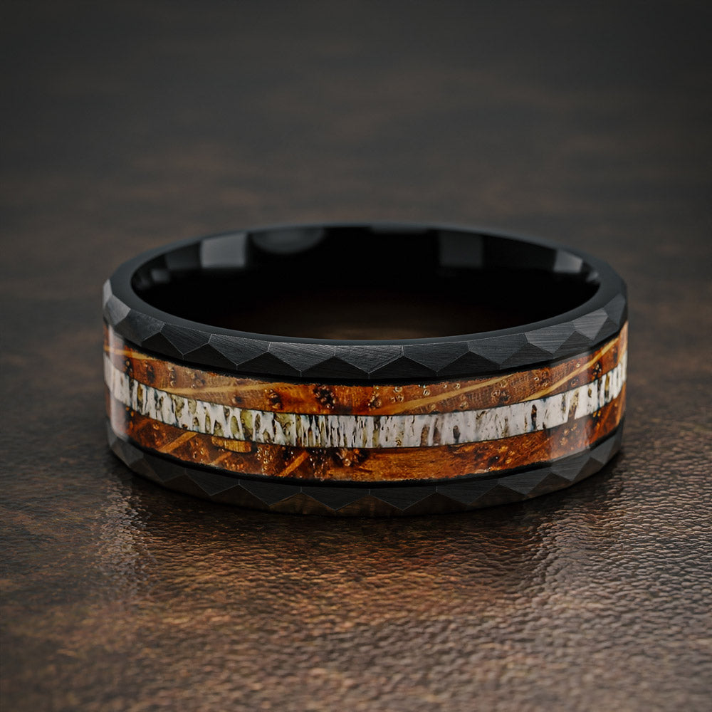 NAPOLI - Black Tungsten ring with Antler and Whiskey Barrel Wood Inlay