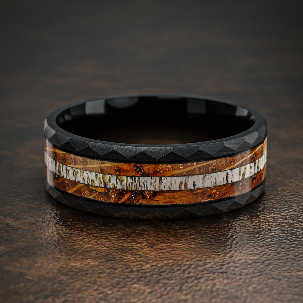 NAPOLI - Black Hammered Tungsten Ring with Deer Antler and Whiskey Barrel Wood