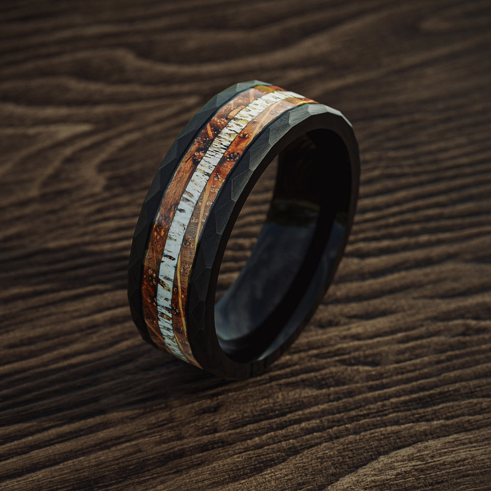 NAPOLI - Black Tungsten ring with Antler and Whiskey Barrel Wood Inlay