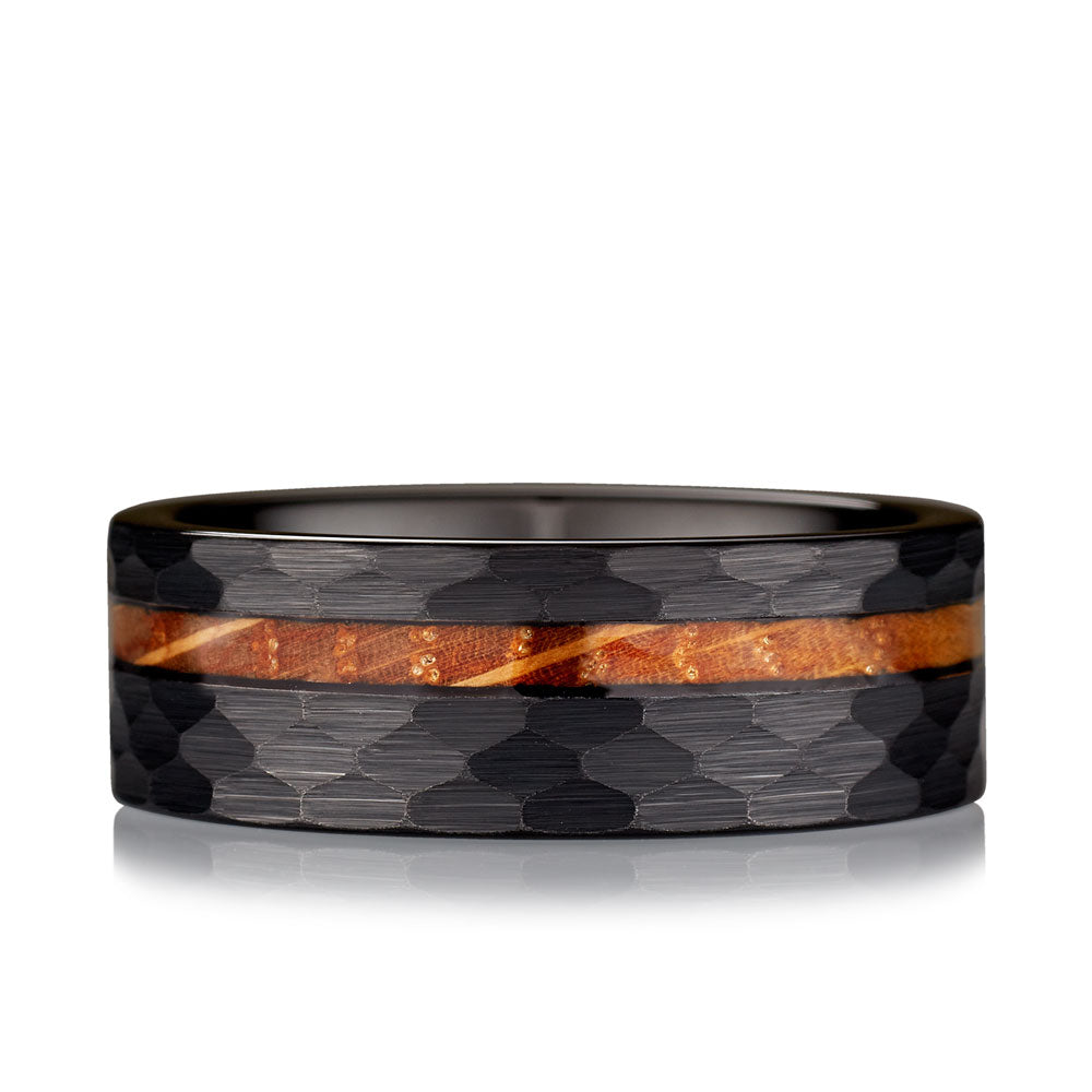 AXIOM - Hammered Black Tungsten Ring with Whiskey Barrel Inlay