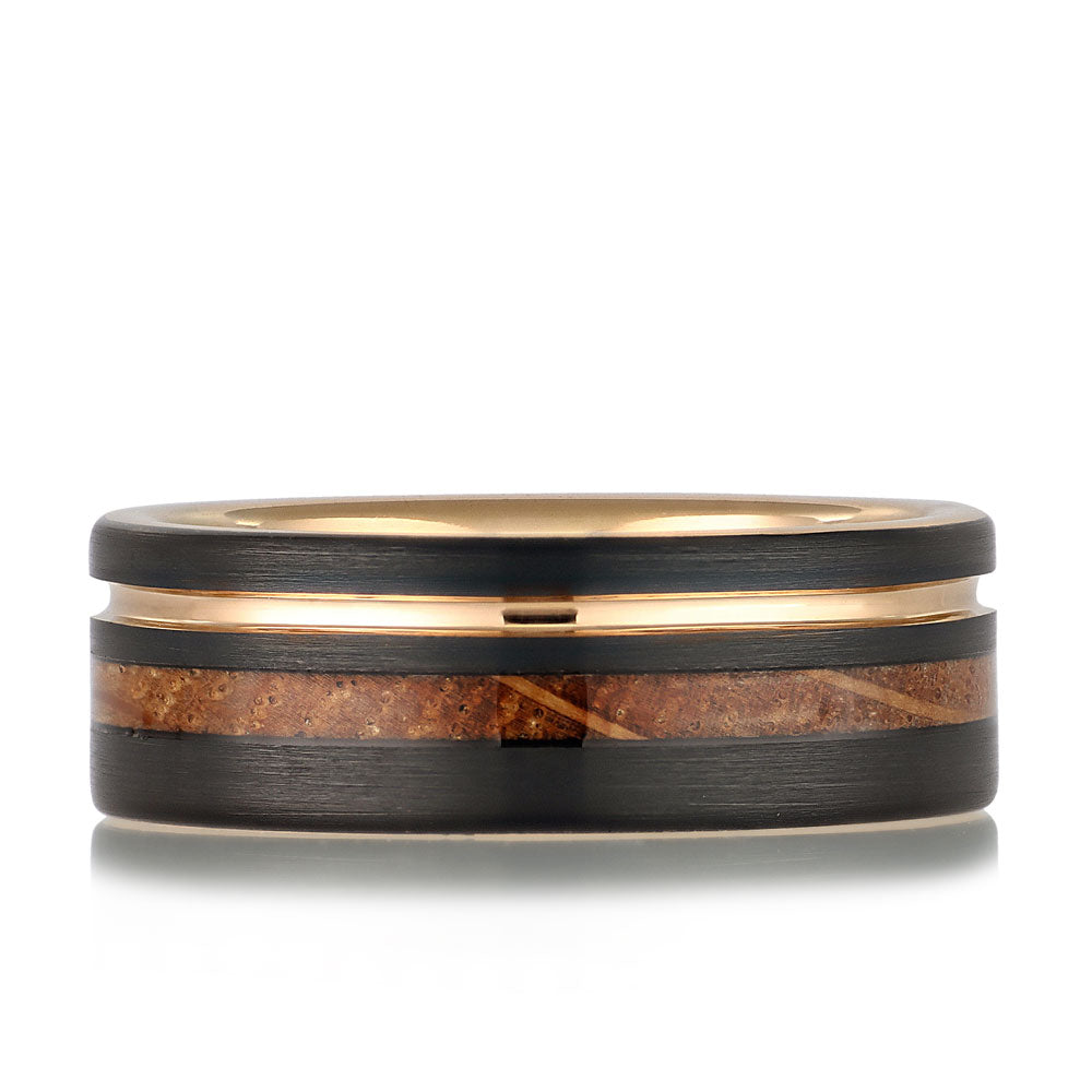 EASTMAN - Black and Rose Gold Brushed Tungsten Ring With Whiskey Barrel Wood Inlay