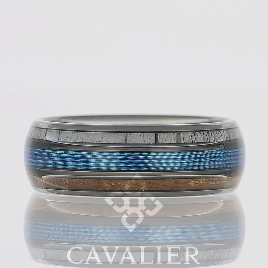 SARANAC - Gunmetal Tungsten Ring with Fishing Line, Whiskey Barrell Wood and Antler
