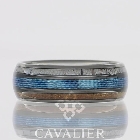 SARANAC - Gunmetal Tungsten Ring with Fishing Line, Whiskey Barrell Wood and Antler