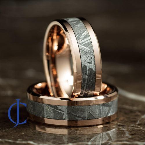 Match His and Hers Rose Gold Tungsten Rings With Meteorite And Wood  Inlay-Wood Wedding Bands