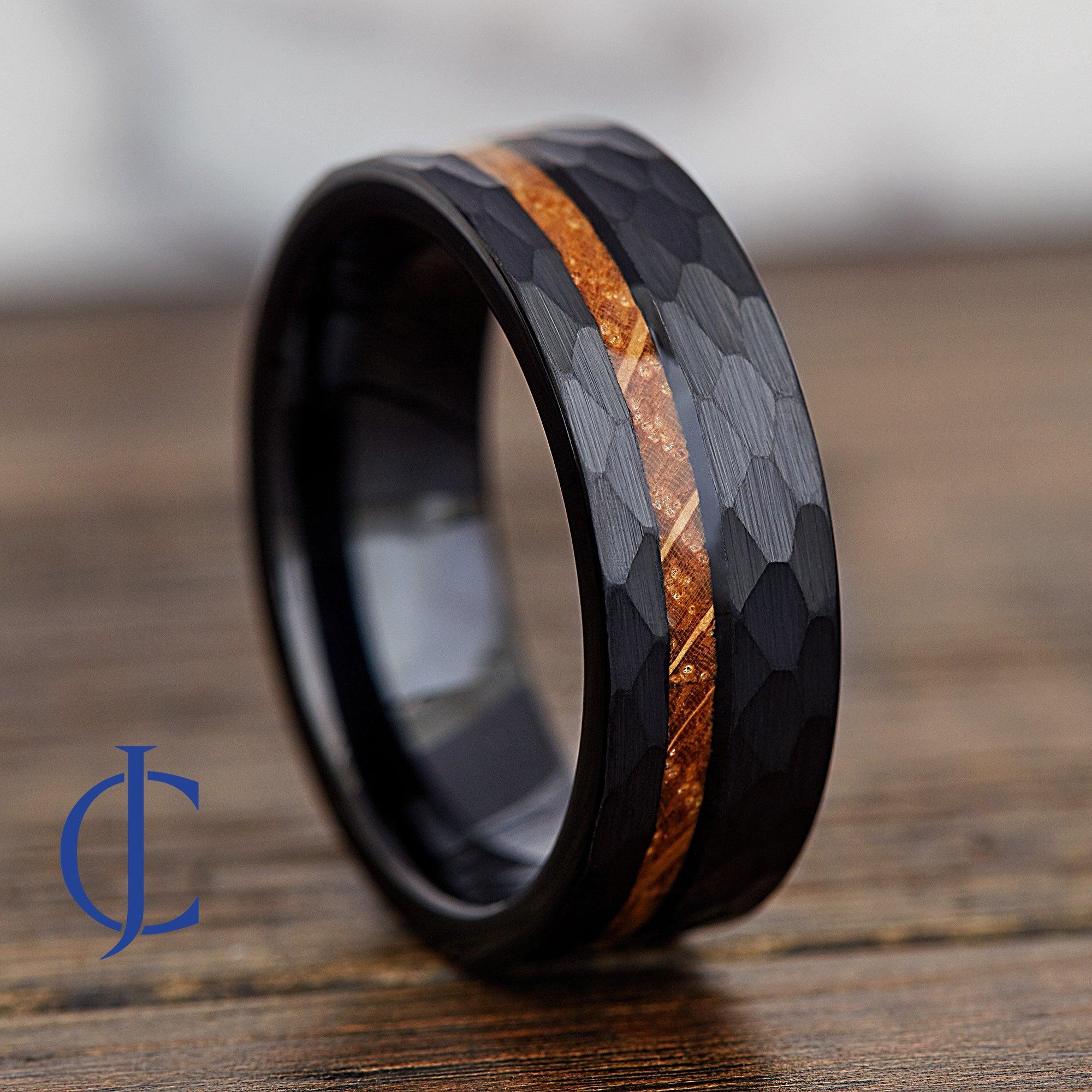AXIOM Hammered Black Tungsten Ring with Whiskey Barrel Inlay - 8mm
