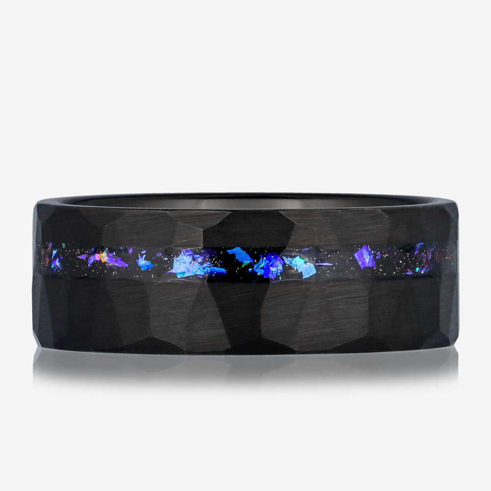 AZULEJO - Black Hammered Tungsten Ring with Trifid Nebula Inlay