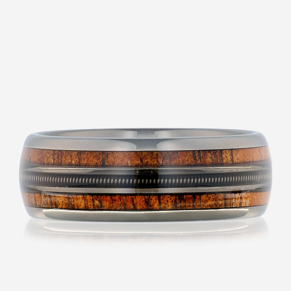 RANDERS - Gunmetal Tungsten Ring with Guitar String and Whiskey Barrell Wood