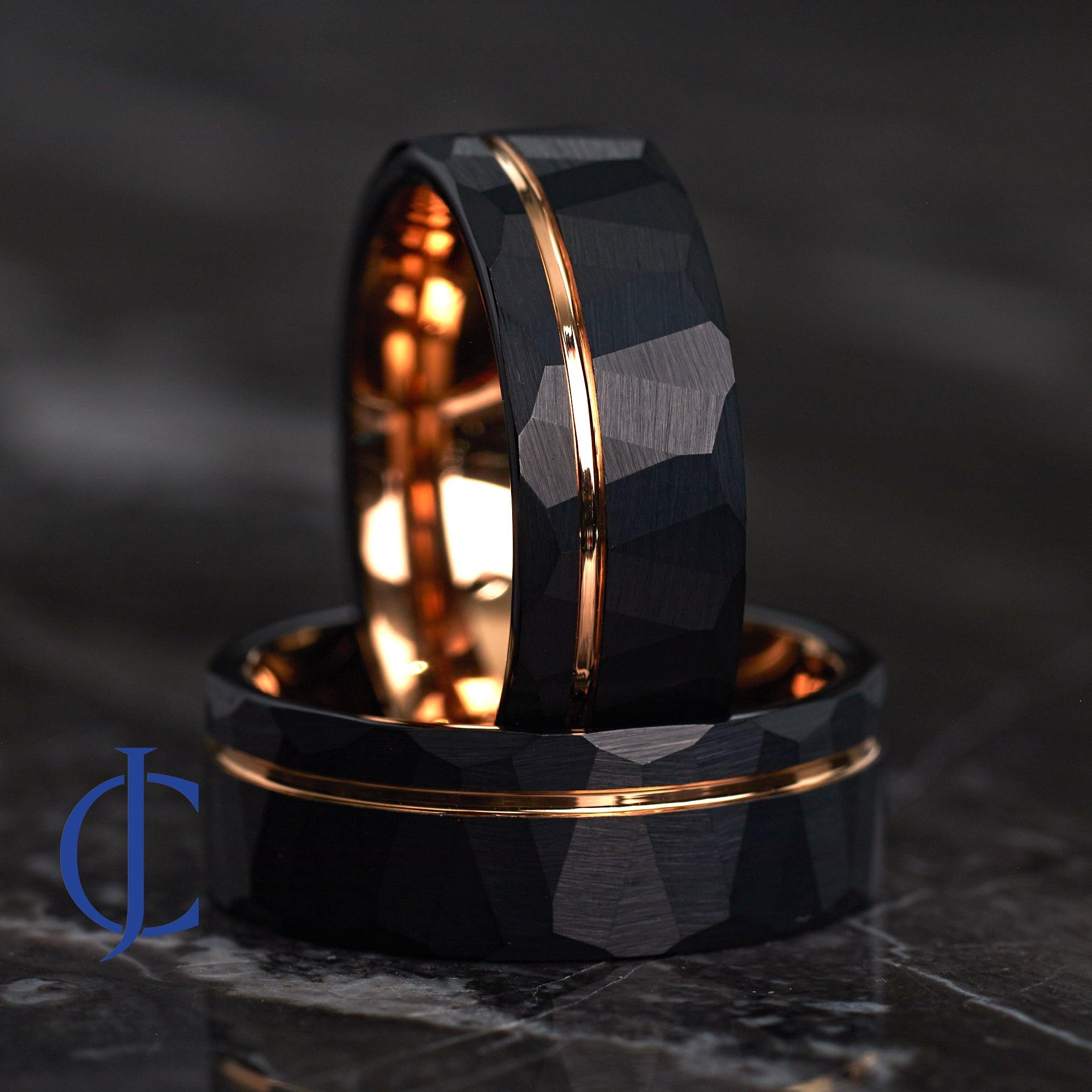 NEO ROSE - Black and Rose Gold Hammered Tungsten Ring