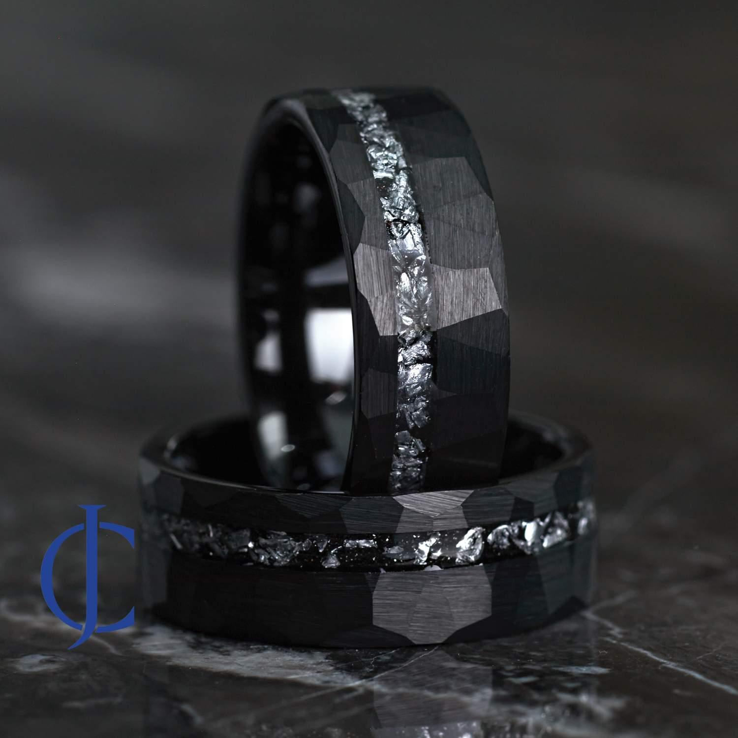 ENIGMA - Black Hammered Tungsten ring with Meteorite Inlay