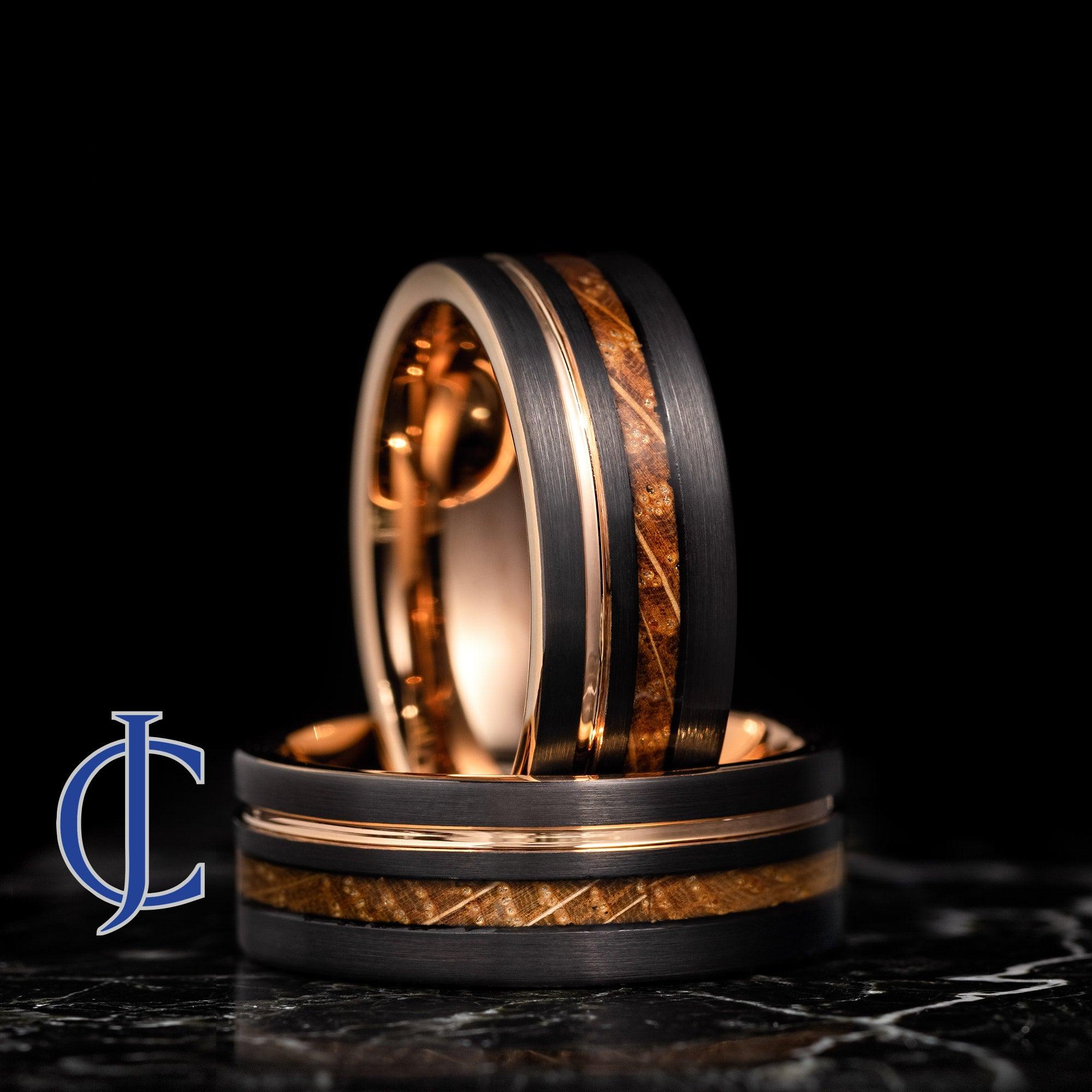 EASTMAN - Black and Rose Gold Brushed Tungsten Ring With Whiskey Barrel Wood Inlay