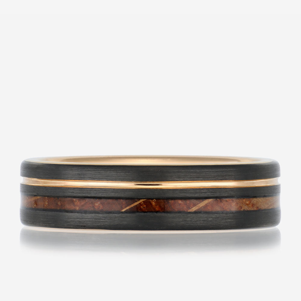 EASTMAN - Black and Rose Gold Brushed Tungsten Ring With Whiskey Barrel Wood Inlay