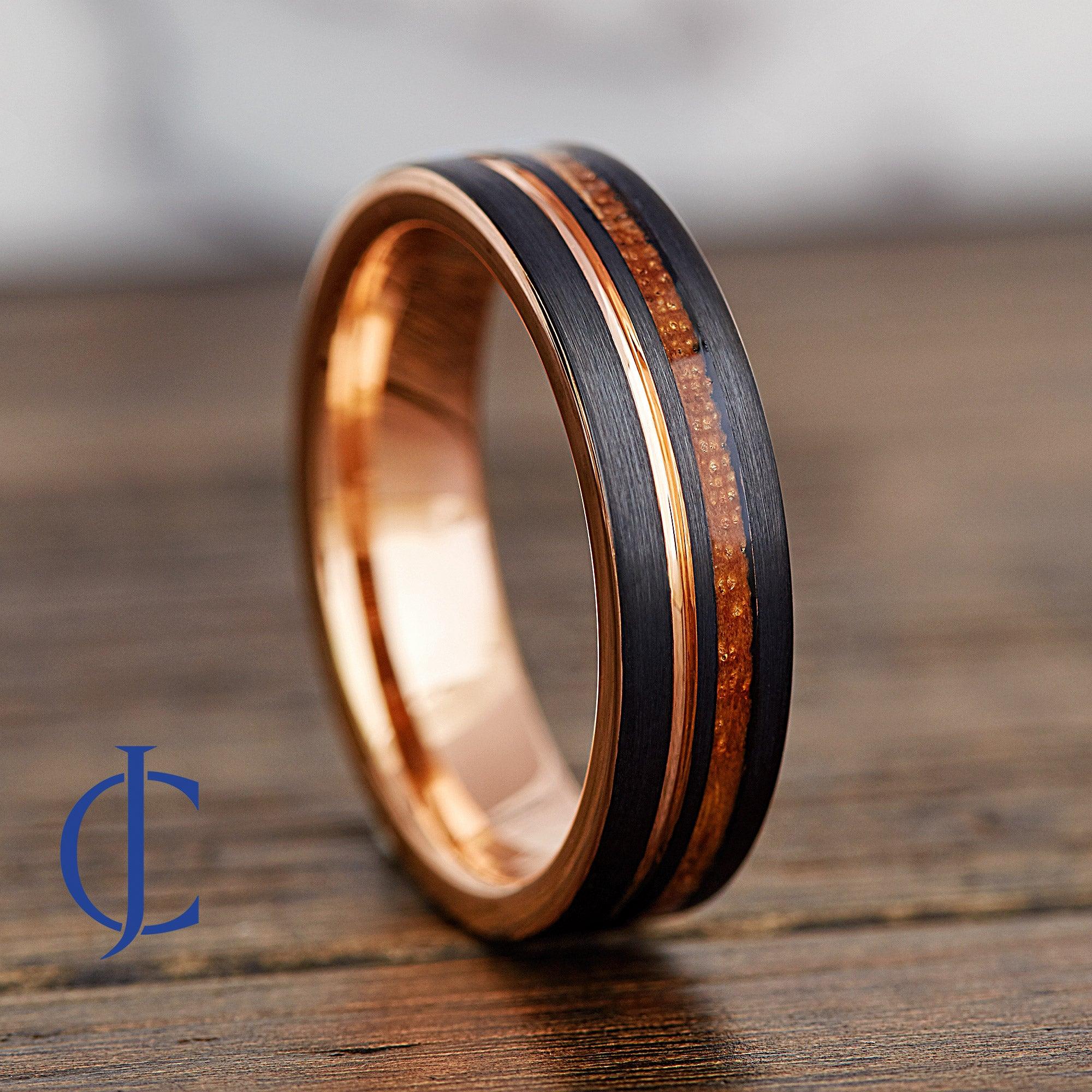 EASTMAN - Black and Rose Gold Brushed Tungsten Ring With Whiskey Barrel Wood Inlay